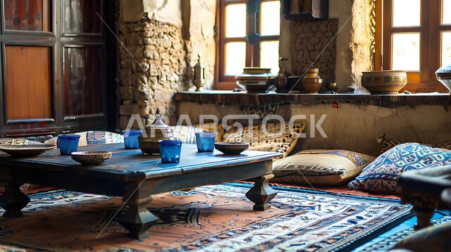 الاكسسوارات والتحف بتصاميم وديكورات شعبية، ديوان عربي يضم وسائد مريحة وطاولات منخفضة، الفن الهندسي المعماري على الطراز التراثي القديم، أثاث منزلي ومجالس عربية تقليدية