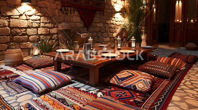 الفن الهندسي المعماري على الطراز التراثي القديم، ديوان عربي يضم وسائد مريحة وطاولات منخفضة، الاكسسوارات والتحف بتصاميم وديكورات شعبية،  أثاث منزلي ومجالس عربية تقليدية