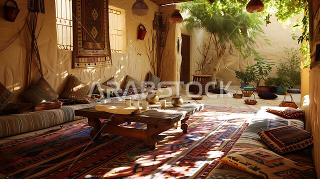 الاكسسوارات والتحف بتصاميم وديكورات شعبية، ديوان عربي يضم وسائد مريحة وطاولات منخفضة، الفن الهندسي المعماري على الطراز التراثي القديم، أثاث منزلي ومجالس عربية تقليدية