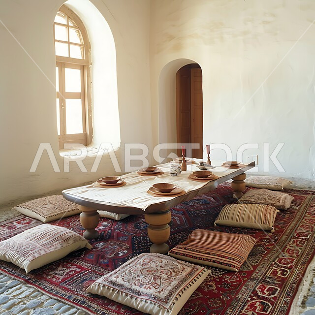 Old heritage style architectural art, Arabic diwan with comfortable cushions and low tables, accessories and antiques with popular designs and decorations, traditional Arabic home furniture and seating