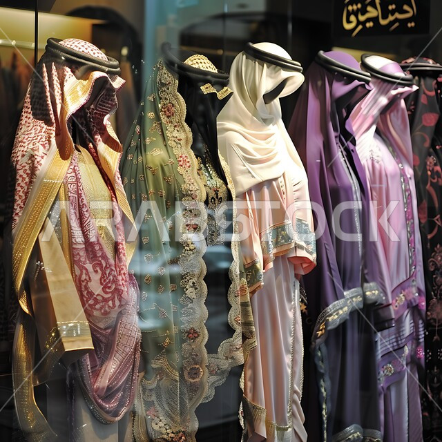 منتجات محليه وطنيه، مفهوم الأناقة عند العرب، أزياء سعوديه فاخره، التطريز الشعبي على الاقمشه الملونه في أسواق، صورة مقربة لمجموعة من العباءات التقليدية المعلقة، متجر لبيع الالبسة