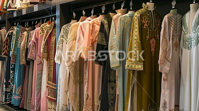 مفهوم الأناقة عند العرب، أزياء سعوديه فاخره، منتجات محليه وطنيه، التطريز الشعبي على الاقمشه الملونه في أسواق، صورة مقربة لمجموعة من العباءات التقليدية المعلقة، متجر لبيع الالبسة
