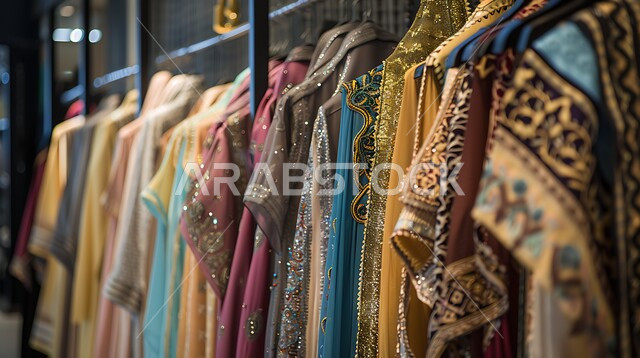 منتجات محليه وطنيه، مفهوم الأناقة عند العرب، أزياء سعوديه فاخره، التطريز الشعبي على الاقمشه الملونه في أسواق، صورة مقربة لمجموعة من العباءات التقليدية المعلقة، متجر لبيع الالبسة