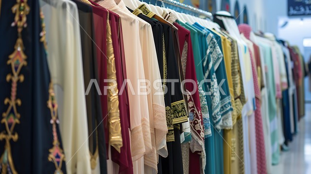التطريز الشعبي على الاقمشه الملونه في أسواق، أزياء سعوديه فاخره، منتجات محليه وطنيه، مفهوم الأناقة عند العرب، صورة مقربة لمجموعة من العباءات التقليدية المعلقة، متجر لبيع الالبسة