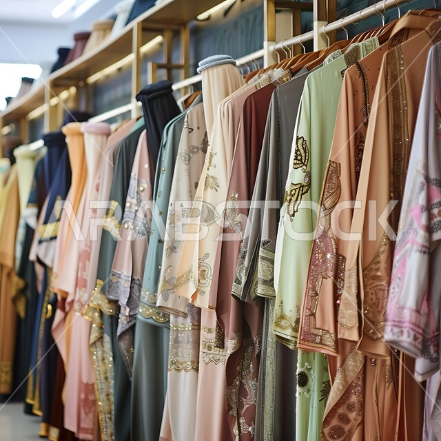 منتجات محليه وطنيه، مفهوم الأناقة عند العرب، أزياء سعوديه فاخره، التطريز الشعبي على الاقمشه الملونه في أسواق، صورة مقربة لمجموعة من العباءات التقليدية المعلقة، متجر لبيع الالبسة