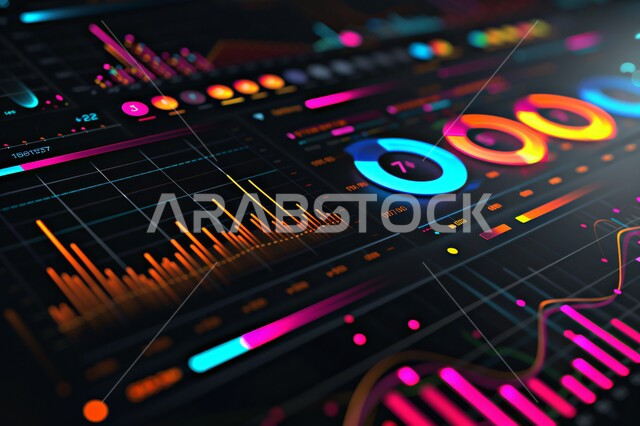 Monitoring the economic market through the use of modern technical devices, charts of the rise and fall of the global stock market, financial and economic investment, the field of money and business, working in e-commerce, trading digital currency, integrating advanced technology with work