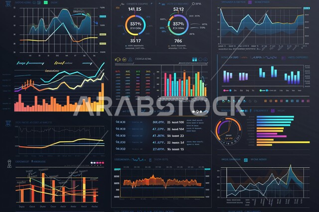 Monitoring the economic market through the use of modern technical devices, charts of the rise and fall of the global stock market, financial and economic investment, the field of money and business, working in e-commerce, trading digital currency, integrating advanced technology with work