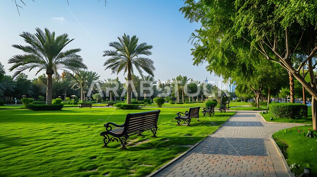 المساحات الخضراء الواسعه في المملكه العربية السعودية، مفهوم التنزه والترفيه، الاهتمام بزراعة الاشجار والنباتات الخضراء، ممشى مصمم من قطع الحجارة داخل حديقة، خلفية الطبيعة