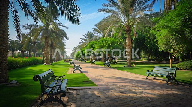 Interest in planting trees and green plants, the concept of recreation and entertainment, the vast green spaces in the Kingdom of Saudi Arabia, a walkway designed from pieces of stone inside a garden, a background of nature