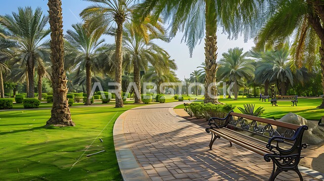 المساحات الخضراء الواسعه في المملكه العربية السعودية، مفهوم التنزه والترفيه، الاهتمام بزراعة الاشجار والنباتات الخضراء، ممشى مصمم من قطع الحجارة داخل حديقة، خلفية الطبيعة