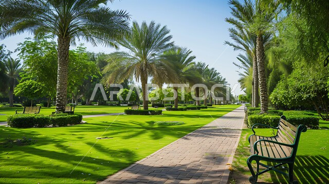 الاهتمام بزراعة الاشجار والنباتات الخضراء، مفهوم التنزه والترفيه، المساحات الخضراء الواسعه في المملكه العربية السعودية، ممشى مصمم من قطع الحجارة داخل حديقة، خلفية الطبيعة