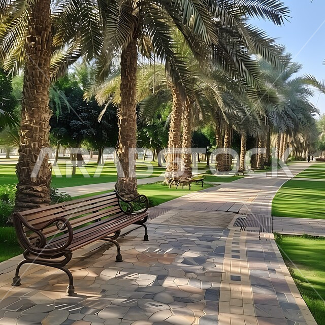 مفهوم التنزه والترفيه، الاهتمام بزراعة الاشجار والنباتات الخضراء، المساحات الخضراء الواسعه في المملكه العربية السعودية، ممشى مصمم من قطع الحجارة داخل حديقة، خلفية الطبيعة