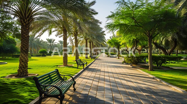 The concept of recreation and entertainment, interest in planting trees and green plants, vast green spaces in the Kingdom of Saudi Arabia, a walkway designed from pieces of stones inside a garden, a background of nature