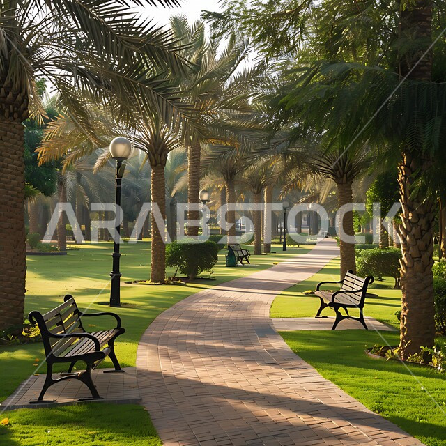 المساحات الخضراء الواسعه في المملكه العربية السعودية، مفهوم التنزه والترفيه، الاهتمام بزراعة الاشجار والنباتات الخضراء، ممشى مصمم من قطع الحجارة داخل حديقة، خلفية الطبيعة