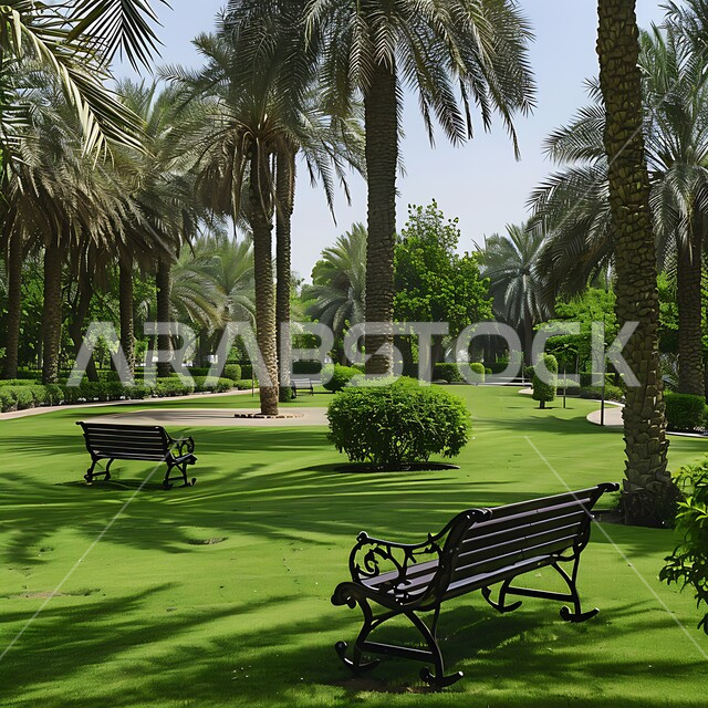The concept of recreation and entertainment, interest in planting trees and green plants, vast green spaces in the Kingdom of Saudi Arabia, a walkway designed from pieces of stones inside a garden, a background of nature