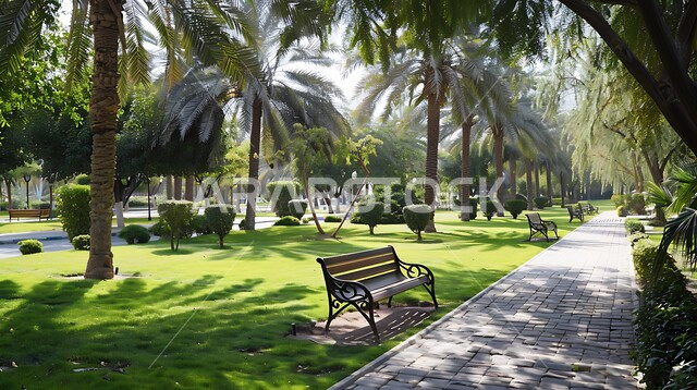 A walkway designed from stone pieces inside a garden, the vast green ...