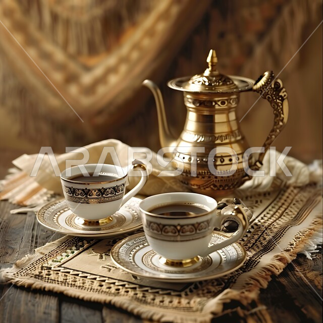 الكرم في الضيافة العربية, العادات والتقاليد الأصيلة المتوارثة من الأجداد,  القهوة الخليجية السعودية الفاخرة, مفهوم حسن استقبال الضيف, دلة نحاسية مزخرفة مع الفناجين, تقديم المشروبات الساخنة اللذيذة