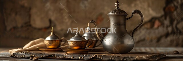 الفناجين والدلة المصنوعة من النحاس المزخرف, العادات والتقاليد الأصيلة المتوارثة من الأجداد, الكرم والضيافة في الثقافة السعودية, القهوة العربية الخليجية الفاخرة, مفهوم حسن استقبال الضيف, تقديم المشروبات الساخنة اللذيذة