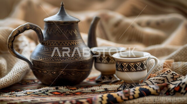 التقاليد والعادات الأصيلة المتوارثة من الأجداد, الكرم والضيافة في الثقافة السعودية, القهوة العربية الخليجية الفاخرة, مفهوم حسن استقبال الضيف, دلة نحاسية مزخرفة وبجانبها الفناجين, تقديم المشروبات الساخنة اللذيذة