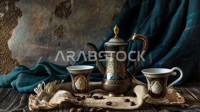 مفهوم حسن استقبال الضيف, القهوة العربية الخليجية الفاخرة, العادات والتقاليد الأصيلة المتوارثة من الأجداد, الكرم والضيافة في الثقافة السعودية, دلة نحاسية مزخرفة مع الفناجين الجميلة, تقديم المشروبات الساخنة اللذيذة