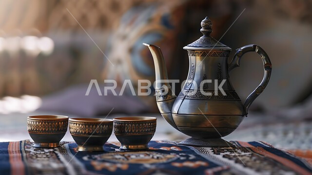 Luxurious Arabian Gulf coffee, authentic customs and traditions inherited from ancestors, generosity and hospitality in Saudi culture, the concept of welcoming the guest, an ornate copper dallah with black cups, serving delicious hot drinks