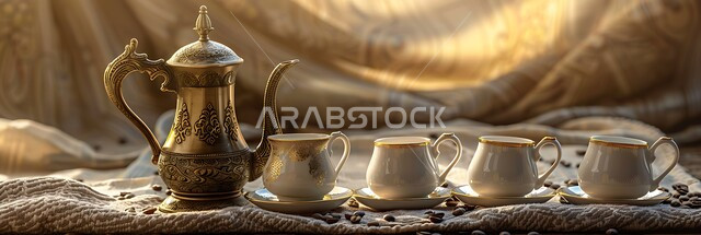 الكرم والضيافة في الثقافة السعودية, العادات والتقاليد الأصيلة المتوارثة من الأجداد, القهوة العربية الخليجية الفاخرة, مفهوم حسن استقبال الضيف, دلة نحاسية مزخرفة مع الفناجين الزجاجية, تقديم المشروبات الساخنة اللذيذة