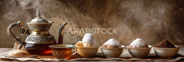 ابريق شاي زجاجي مغطى بالنحاس المزخرف, العادات والتقاليد الأصيلة المتوارثة من الأجداد, الكرم والضيافة في الثقافة السعودية, مفهوم حسن استقبال الضيف, تقديم المشروبات الساخنة اللذيذة, الحلويات الشعبية المرشوشة بالسكر
