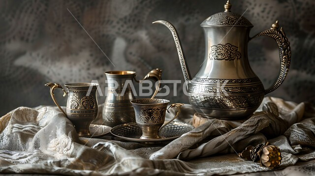 دلة نحاسية مزخرفة مع الفناجين المصنوعة من النحاس العريق, العادات والتقاليد الأصيلة المتوارثة من الأجداد, الكرم والضيافة في الثقافة السعودية, القهوة العربية الخليجية الفاخرة, مفهوم حسن استقبال الضيف,تقديم المشروبات الساخنة اللذيذة