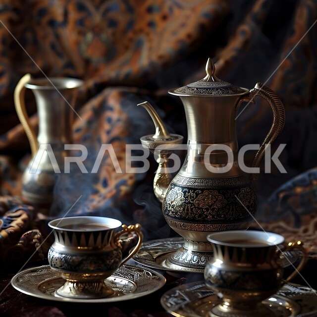 العادات والتقاليد الأصيلة المتوارثة من الأجداد, الكرم والضيافة في الثقافة السعودية, القهوة العربية الخليجية الفاخرة, مفهوم حسن استقبال الضيف, دلة نحاسية مزخرفة مع الفناجين المصنوعة من النحاس العريق, تقديم المشروبات الساخنة اللذيذة