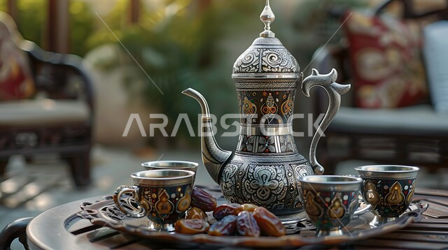 Authentic hospitality inherited from the Arabs, providing hot drinks to visitors, welcoming and honoring the guest, an Arabic coffee pot with several cups, delicious sugary dates, luxurious Gulf Arabic coffee, hospitality for holidays and Islamic occasions.