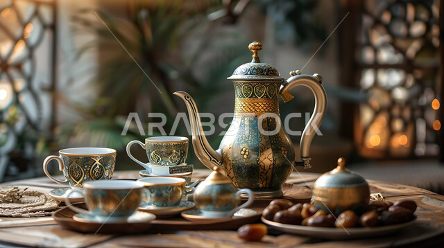 Honoring the guest and receiving him well, the concept of authentic Arab hospitality, providing hot drinks to visitors, an Arabic coffee pot with several cups, delicious sugary dates, luxurious Gulf Arabic coffee, hospitality for Islamic holidays and occasions