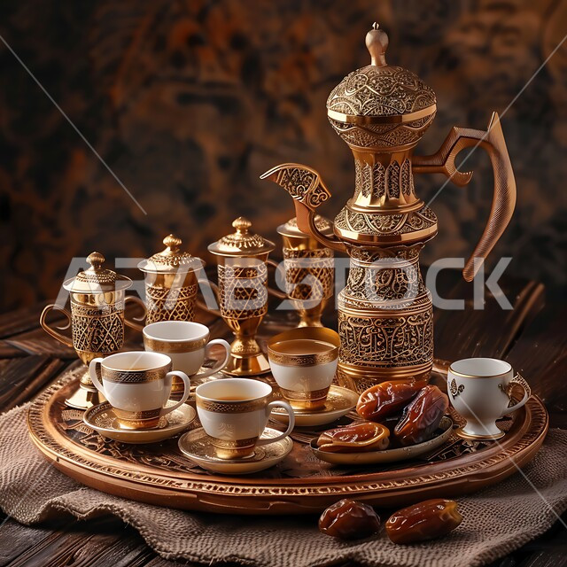 Nobility and originality in Arab hospitality, providing hot drinks to visitors, welcoming and honoring the guest, an Arabic coffee pot with several cups, delicious sugary dates, luxurious Gulf Arabic coffee, hospitality for Islamic holidays and occasions