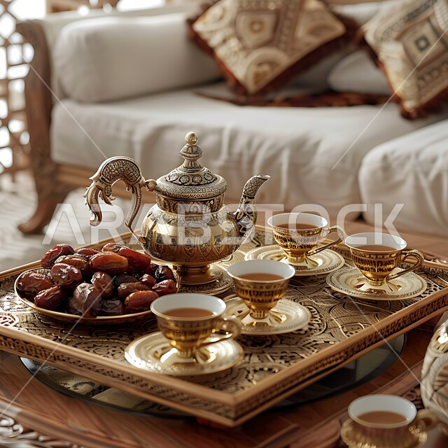 البن العربي الخليجي الفاخر, مفهوم الضيافة العربية الأصيلة, تقديم المشروبات الساخنة للزوار, حسن استقبال الضيف وإكرامه, دلة قهوة عربية مع عدة فناجين, حبات التمر السكرية اللذيذة, ضيافات الأعياد والمناسبات الإسلامية