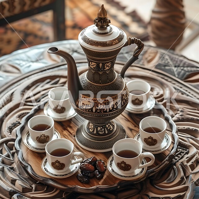 حبات التمر السكرية اللذيذة, مفهوم الضيافة العربية الأصيلة, تقديم المشروبات الساخنة للزوار, حسن استقبال الضيف وإكرامه, دلة قهوة عربية مع عدة فناجين, البن العربي الخليجي الفاخر, ضيافات الأعياد والمناسبات الإسلامية