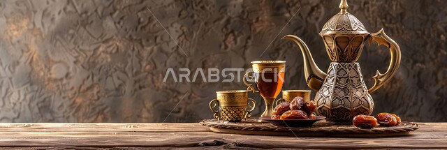 دلة قهوة عربية مع عدة فناجين, مفهوم الضيافة العربية الأصيلة, تقديم المشروبات الساخنة للزوار, حسن استقبال الضيف وإكرامه, حبات التمر السكرية اللذيذة, البن العربي الخليجي الفاخر, ضيافات الأعياد والمناسبات الإسلامية