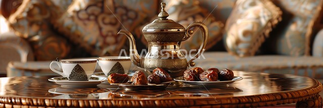 Greeting and honoring the guest, the concept of authentic Arab hospitality, providing hot drinks to visitors, an Arabic coffee pot with several cups, delicious sugary dates, luxurious Gulf Arabic coffee, hospitality for Islamic holidays and occasions