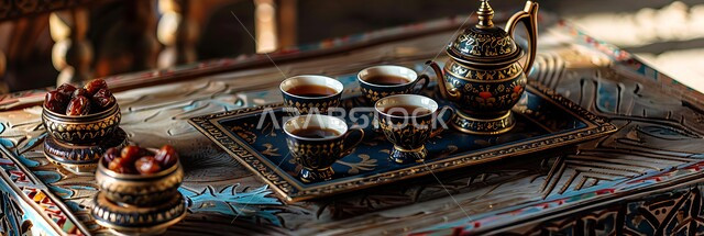 تقديم المشروبات الساخنة للزوار, مفهوم الضيافة العربية الأصيلة, حسن استقبال الضيف وإكرامه, دلة قهوة عربية مع عدة فناجين, حبات التمر السكرية اللذيذة, البن العربي الخليجي الفاخر, ضيافات الأعياد والمناسبات الإسلامية
