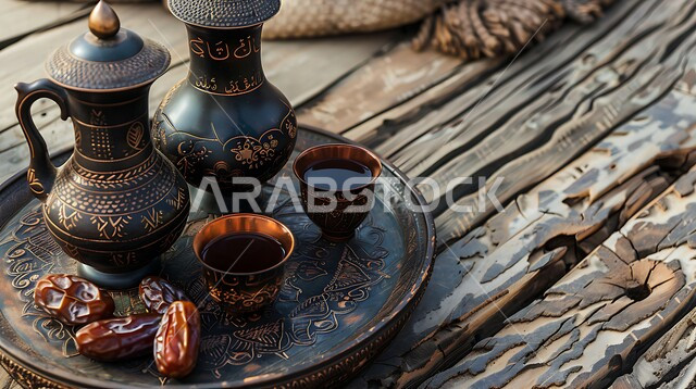 مفهوم الضيافة العربية الأصيلة, تقديم المشروبات الساخنة للزوار, حسن استقبال الضيف وإكرامه, دلة قهوة عربية مع عدة فناجين, حبات التمر السكرية اللذيذة, البن العربي الخليجي الفاخر, ضيافات الأعياد والمناسبات الإسلامية