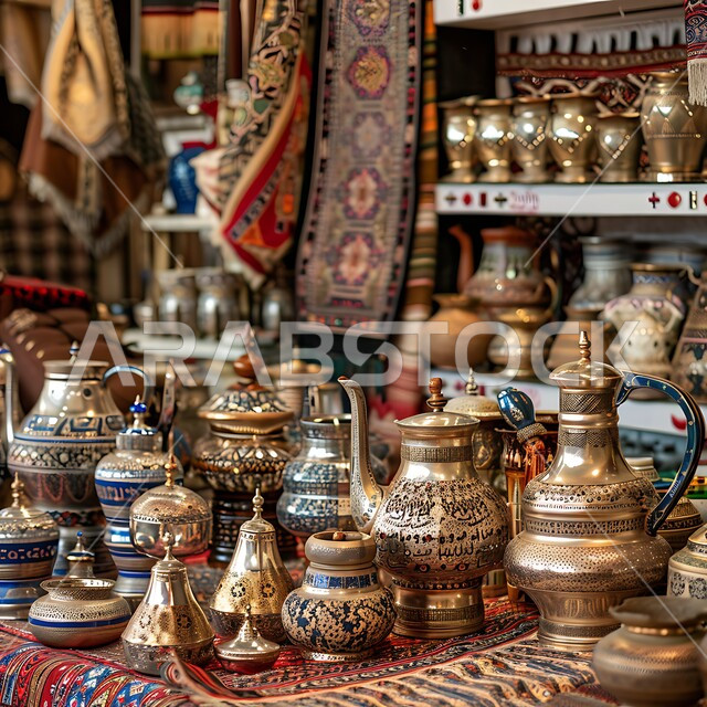 أسواق لبيع الأعمال الأثرية الأصيلة, الحرف اليدوية السعودية التقليدية، الصناعات المعدنية الشعبية, التراث الثقافي السعودي الغني, تحف وقطع نحاسية مزخرفة, منتجات تعبر عن تاريخ المملكة العريق