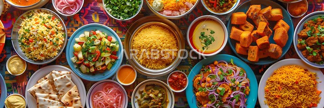 Saudi cuisine is rich in distinguished cooking recipes, a dining table full of various delicious meals, Eastern Arab varieties, dishes and appetizers, a feast of delicious traditional popular cuisine, and the cheerful colors of rich diverse foods.