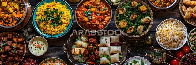 المقبلات والأطباق العربية الشرقية، طرق التقديم المميزة في مطاعم المملكة، تنوع الأطعمة والأصناف الشهية, طاولة طعام مليئة بالوجبات المتنوعة اللذيذة،سفرة من المأكولات الشعبية التقليدية، المطبخ السعودي الغني بوصفات الطهي