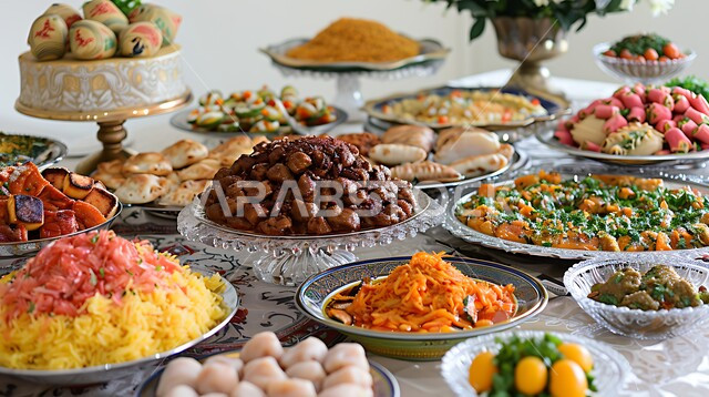 Distinctive serving methods in the Kingdom’s restaurants, a variety of delicious foods and items, a dining table full of a variety of delicious meals, Eastern Arab dishes and appetizers, a meal of traditional popular food, Saudi cuisine rich in cooking recipes.