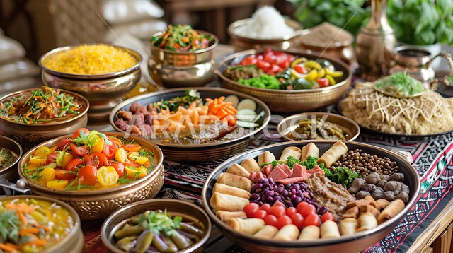 الاهتمام بطرق التقديم في مطاعم المملكة، تنوع الأطعمة والأصناف الشهية, طاولة طعام مليئة بالوجبات المتنوعة اللذيذة، الأطباق والمقبلات العربية الشرقية، سفرة من المأكولات الشعبية التقليدية، المطبخ السعودي الغني بوصفات الطهي المتميزة