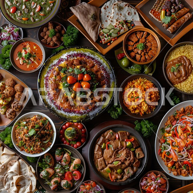 طاولة طعام مليئة بالوجبات المتنوعة اللذيذة، الأصناف و الأطباق والمقبلات العربية الشرقية، سفرة من المأكولات الشعبية التقليدية الشهية، المطبخ السعودي الغني بوصفات الطهي المتميزة, الألوان المبهجة للأطعمة المتنوعة الغنية