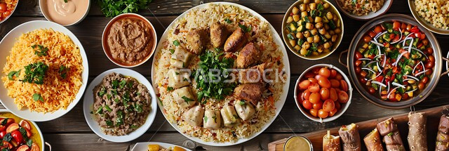 الأصناف و الأطباق والمقبلات العربية الشرقية، طاولة طعام مليئة بالوجبات المتنوعة اللذيذة، سفرة من المأكولات الشعبية التقليدية الشهية، المطبخ السعودي الغني بوصفات الطهي المتميزة, الألوان المبهجة للأطعمة المتنوعة الغنية