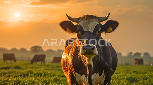  أضحية وقربان عيد الأضحى المبارك, تربية الحيوانات والمواشي في المحميات الطبيعية، صورة مقربة لوجه بقرة بنية كبيرة ترعى في المروج الخضراء, العناية والاهتمام بالثدييات في المملكة العربية السعودية