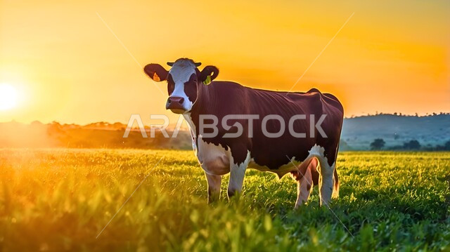 بقرة بنية كبيرة ترعى في المروج الخضراء, أضحية وقربان عيد الأضحى المبارك, تربية الحيوانات والمواشي في المحميات الطبيعية،العناية والاهتمام بالثدييات في المملكة العربية السعودية