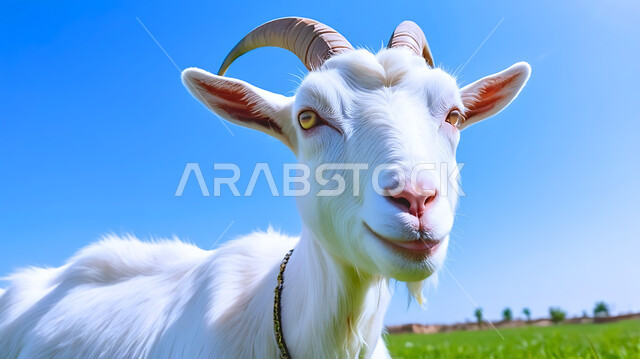  أضحية وقربان عيد الأضحى المبارك, تربية الحيوانات والمواشي في المحميات الطبيعية، صورة مقربة لحيوان ماعز الجبل في الحقل وسط الأعشاب الخضراء, العناية والاهتمام بالثدييات في المملكة العربية السعودية