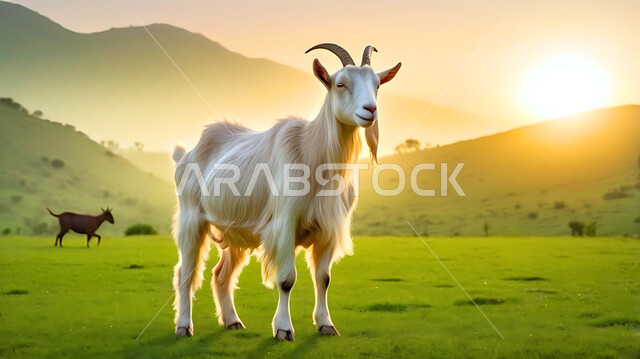  ماعز الجبل الأبيض في الحقل وسط الأعشاب الخضراء, رعاية الحيوانات والمواشي في المحميات الطبيعية،  العناية والاهتمام بالثدييات في المملكة العربية السعودية, قربان وأضحية عيد الأضحى المبارك, مشهد السماء وقت غروب الشمس