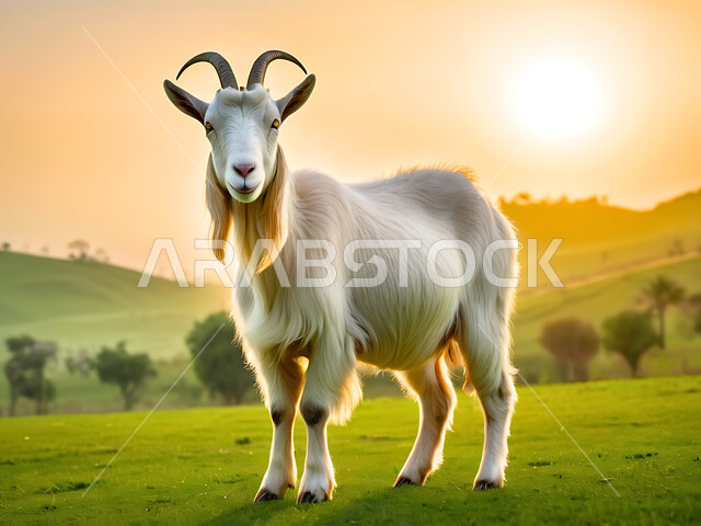 Eid al-Adha sacrifice and sacrifice, raising animals and livestock in natural reserves, goats in the field among green grasses, care and concern for mammals in the Kingdom of Saudi Arabia, the sky scene at sunset